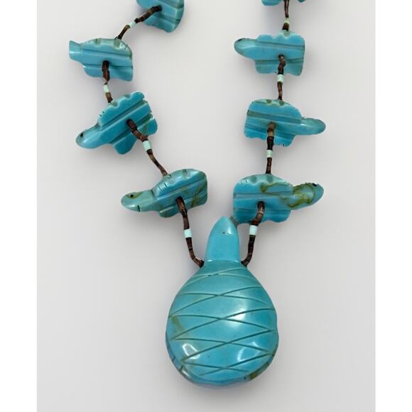 Native American Zuni Turquoise Turtle Multi Animal Fetish Heishi Shell Necklace - Picture 6 of 14